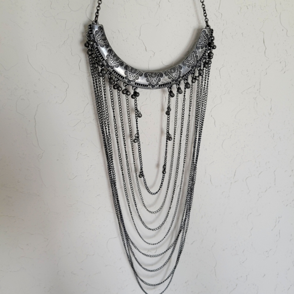 Costume statement bib tribal bohemian dark silver multi layer metal necklace